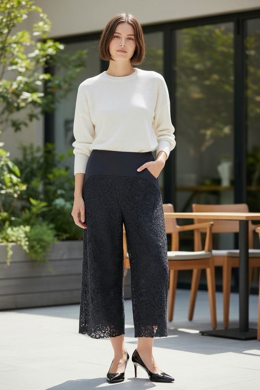 Yoshi Yoshi Lace Easy Pants Lined Cropped Black Boho Waist 28 Inches